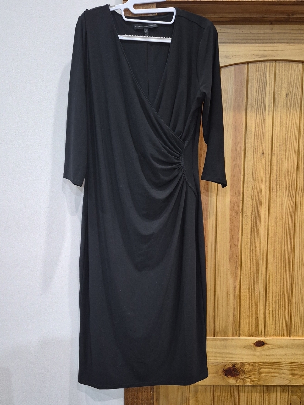 White House Black Market Womens Faux-Wrap Ruched Black Midi Dress Size Large